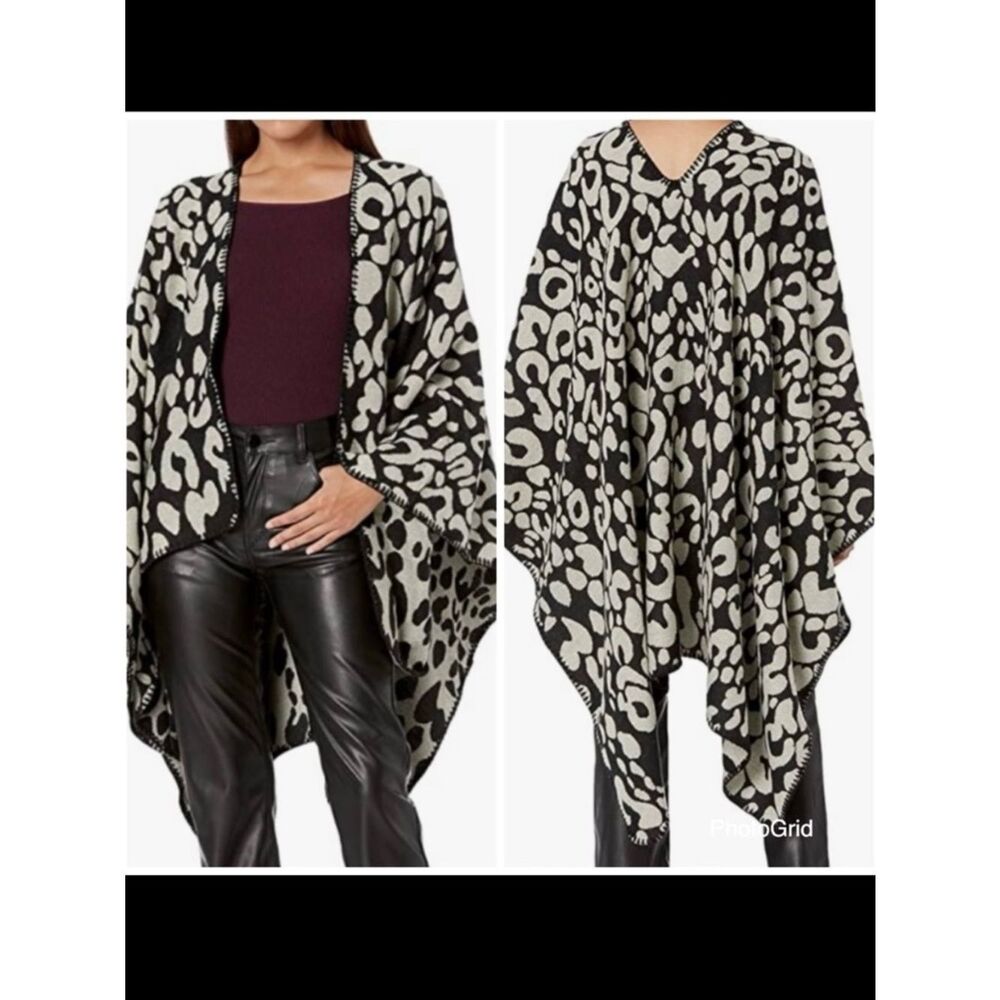 NWT OS Steve Madden Leopard Black Grey Reversible Poncho Cape Ruana Animal print